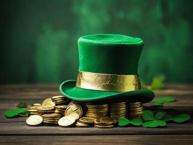 Gelukkige St. Patrick's Day leprechaun hoed met gouden chocolade munten op vintage stijl groene hout achtergrond