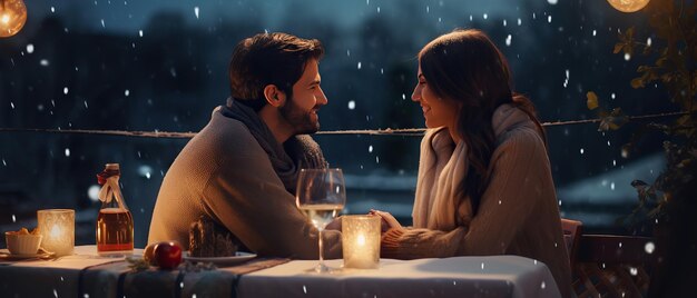 Gelukkige stel man en vrouw hebben een date op een winter avond restaurant terras romantische lesure