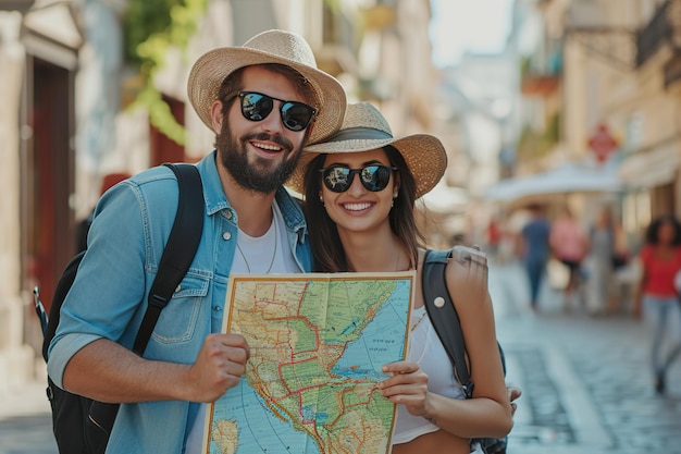 Foto gelukkige stel op vakantie sightseeing stad met kaart