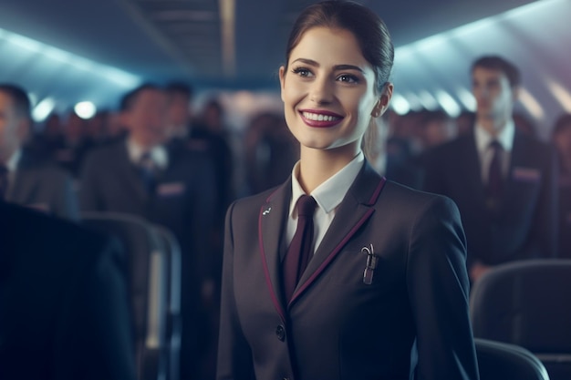 Gelukkige stewardess die passagiers helpt op Generative ai