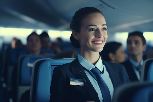 Gelukkige stewardess die passagiers helpt op Generative ai