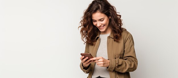 Gelukkige student met bruin haar die smartphone witte achtergrond gebruiken