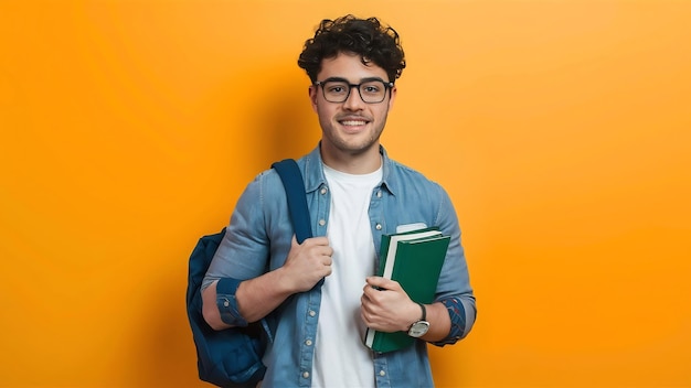 Gelukkige student met zijn rugzak en boeken