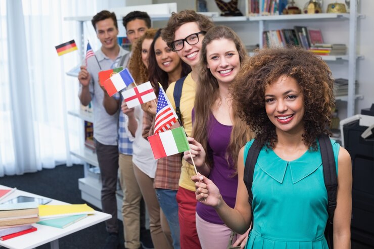 Foto gelukkige studenten die internationale vlaggen golven