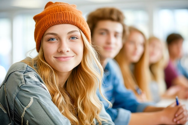 Foto gelukkige studenten kijken naar je met hun duim omhoog op een universiteitscampus.