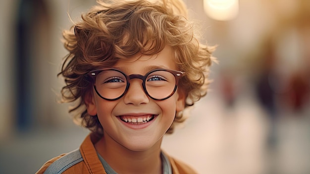 Gelukkige tevreden jongen die glazenportret draagt buiten Generatieve Ai