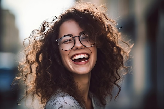 Foto gelukkige tevreden vrouw die glazenportret draagt buiten generatieve ai