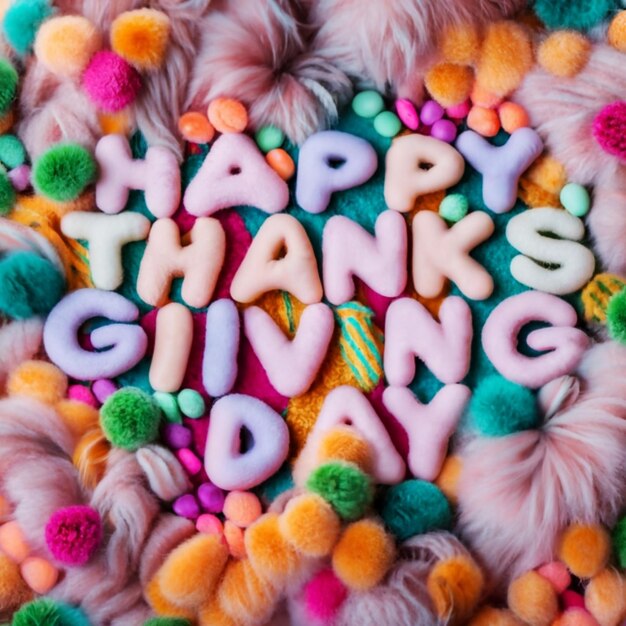 Gelukkige Thanksgiving Day in een kleurrijke volle wol stijl met wol gemaakt bloemen rond