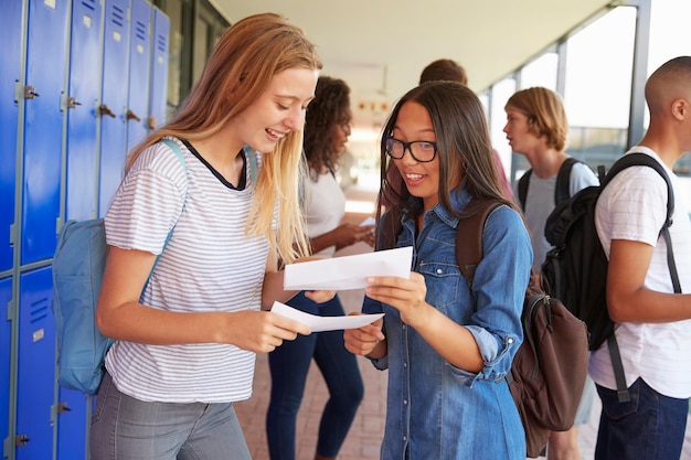 Gelukkige tienermeisjes die examenresultaten delen in schoolgang