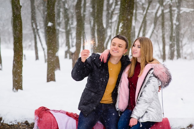 Gelukkige tieners die in de winterbos celebriting