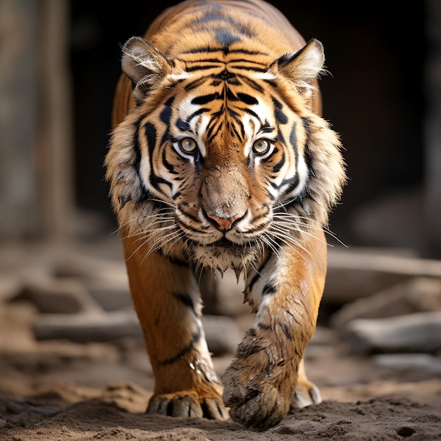 Foto gelukkige tijgerdag 2023 tijger in het natuurlijke leefgebied tijger mannetje loopt met zijn hoofd op compositie