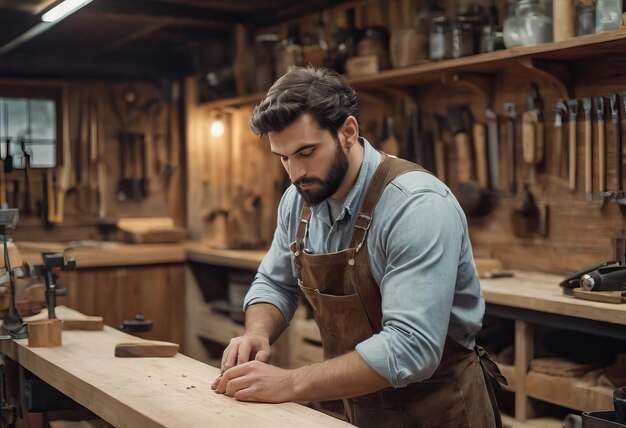 Gelukkige timmerman glimlachend om te schetsen ontwerp houten meubels in houten werkplaats professionele uiterlijk hoge vaardigheid echte authentieke handgemaakte werkende mensen