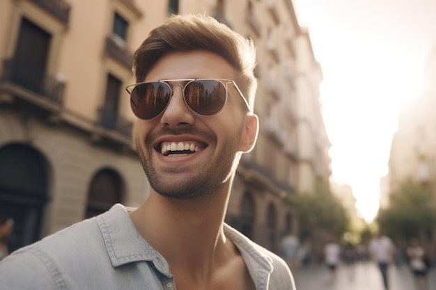 Gelukkige toerist met zonnebril in Barcelona Spanje Glimlachende man die selfie neemt op stadsstraat Toerisme en vakantieconcept generatieve AI