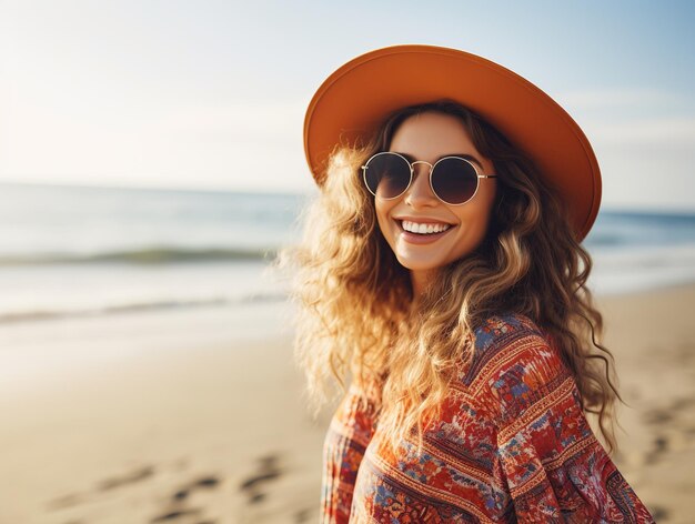 Gelukkige toerist op vakantie op het strand