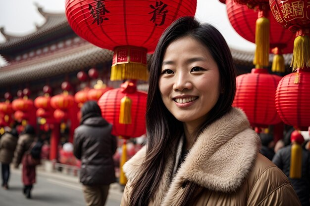 Foto gelukkige toeriste geniet van traditionele rode lantaarns die zijn versierd voor het chinese nieuwjaar