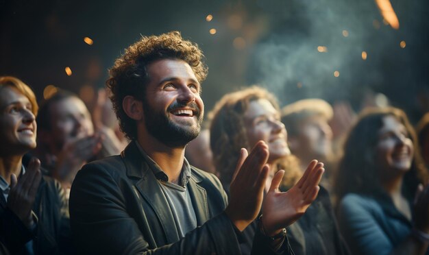 Gelukkige toeschouwers klappen bij een show of zakelijk seminar theatervoorstelling luisteren en klappen