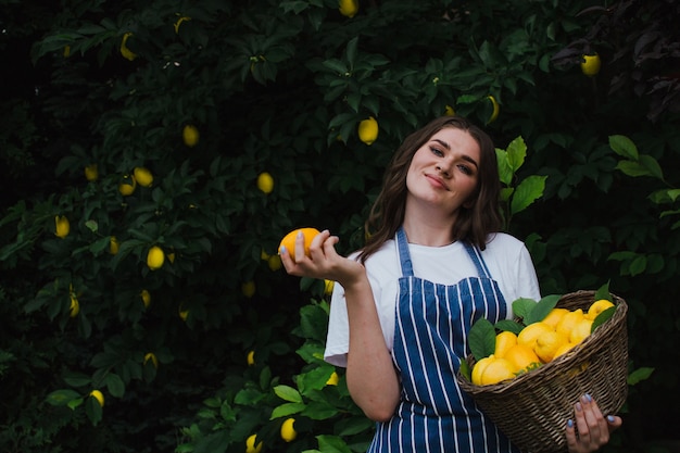 Gelukkige tuinman in een gestreept schort oogst citroenlimonadereclame