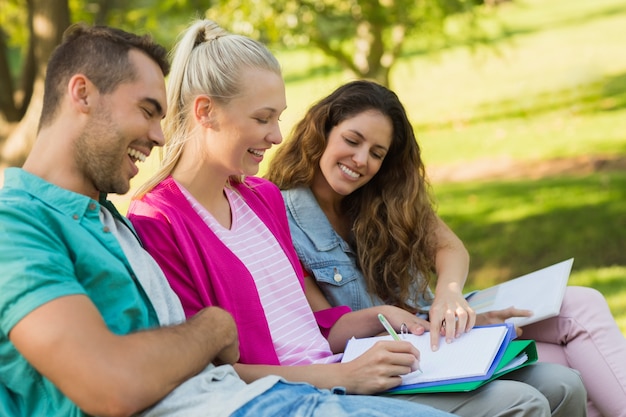 Gelukkige universiteitsvrienden die op campusbank zitten