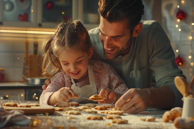 Gelukkige vader en dochter die samen koekjes bakken.