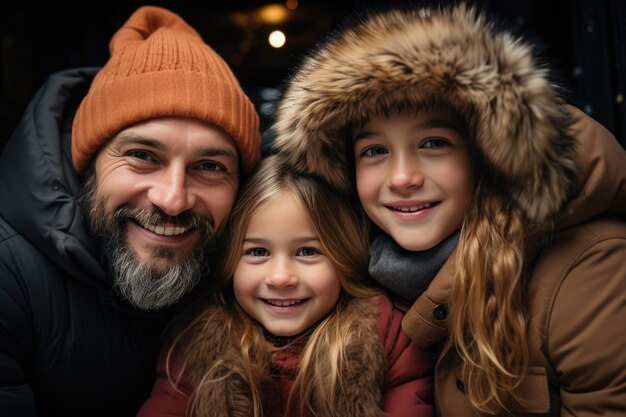 Gelukkige vader en twee dochters in winterkleding.