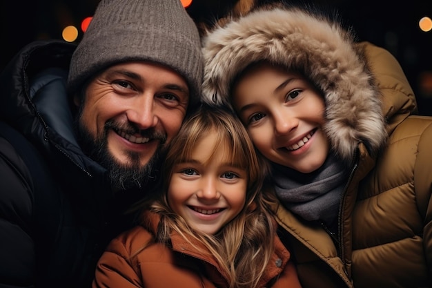 Gelukkige vader en twee dochters in winterkleding.