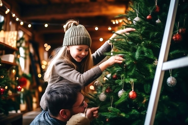 Gelukkige vader en zijn dochtertje versieren de kerstboom thuis Kerstverlichting Selectieve aandacht Onscherpe achtergrond