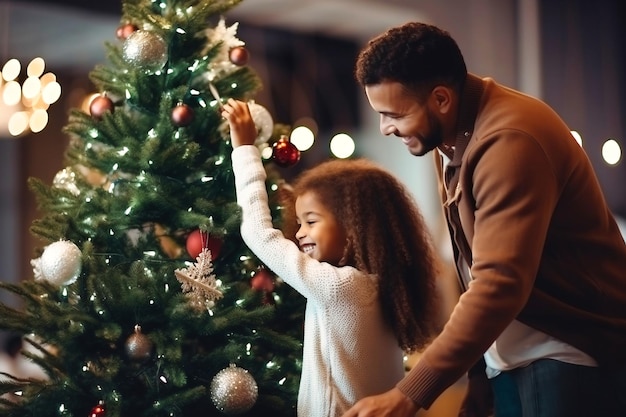 Gelukkige vader en zijn kleine dochter versieren de kerstboom thuis Kerstverlichting Selectieve focus Vervaagde achtergrond