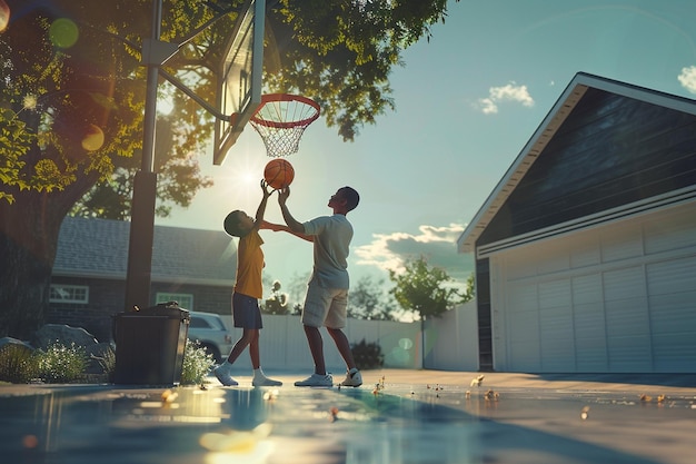 Gelukkige vader en zoon binden zich bij een basketbalwedstrijd.