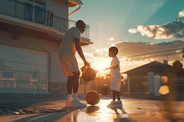 Gelukkige vader en zoon binden zich bij een basketbalwedstrijd.