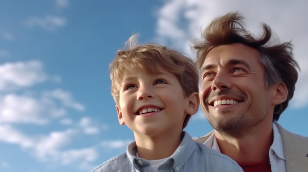Gelukkige vader en zoon tegen blauwe hemel Illustratie AI GenerativexA