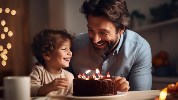 Gelukkige vader en zoon vieren verjaardag met enorme smakelijke cake met kaarsen Gemaakt met generatieve AI-technologie