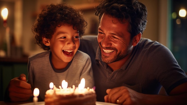 Gelukkige vader en zoon vieren verjaardag met enorme smakelijke cake met kaarsen Gemaakt met generatieve AI-technologie
