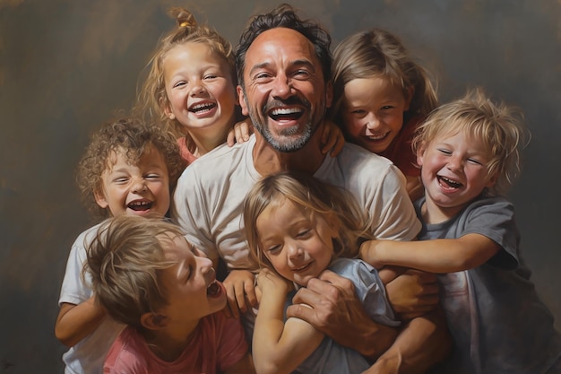 Foto gelukkige vader met kinderen allemaal bijeen glimlachend en gelukkig
