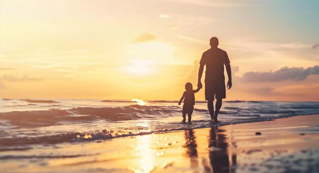 gelukkige vadersdag foto met vader en kleine baby zoon lopen hand in hand op het strand bij zonsondergang