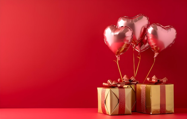 Gelukkige Valentijnsdag banner illustratie kaartje roze hart ballonnen en gouden cadeau doos tafel