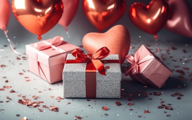 Gelukkige Valentijnsdag bruiloft gelukkige verjaardag met hart ballonnen en cadeau doos Generatieve AI