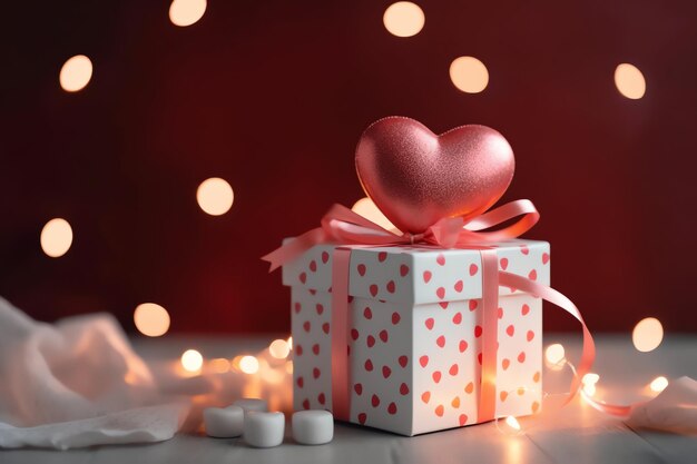 Foto gelukkige valentijnsdag concept met rode cadeau doos en hartvormige ballonnen romantische banner liefde