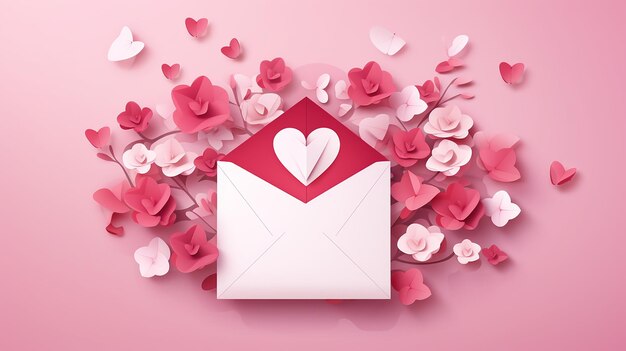 Gelukkige Valentijnsdag kaartje ontwerp met envelop op roze achtergrond