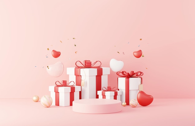 Gelukkige Valentijnsdag Minimale zoete liefdescène met displaypodium voor mock-up en productmerkpresentatie Roze voetstuk Stand Leuke mooie hartachtergrond Liefdesdag ontwerpstijl 3D render