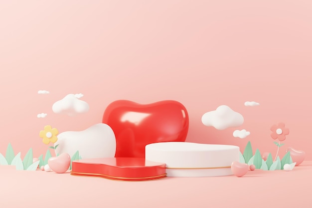 Gelukkige Valentijnsdag Minimale zoete liefdescène met displaypodium voor mock-up en productmerkpresentatie Roze voetstuk Stand Leuke mooie hartachtergrond Liefdesdag ontwerpstijl 3D render