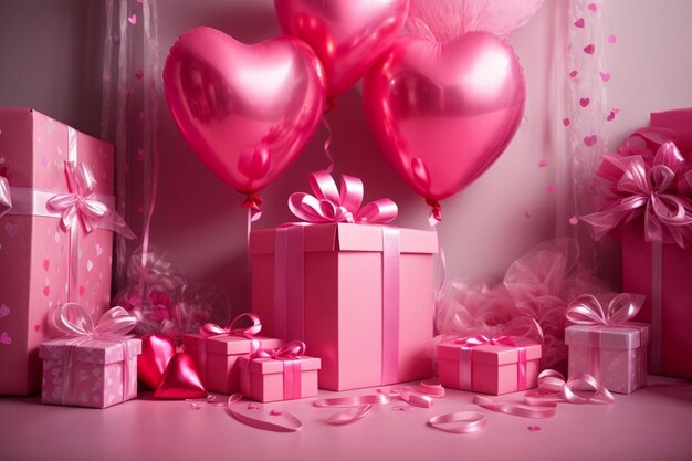 Gelukkige valentijnsdag podium decoratie met hartvormige RED neon ballon cadeau doos en confetti