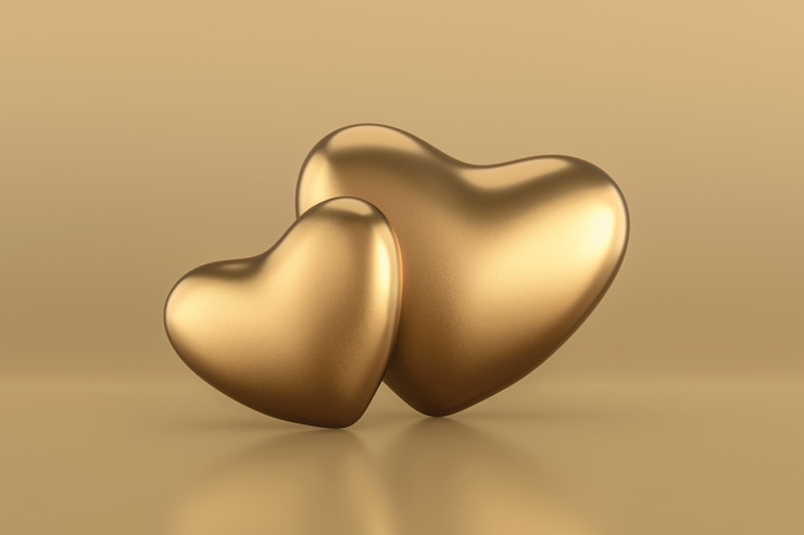 Foto gelukkige valentijnskaartenachtergrond met paar gouden harten. 3d-weergave