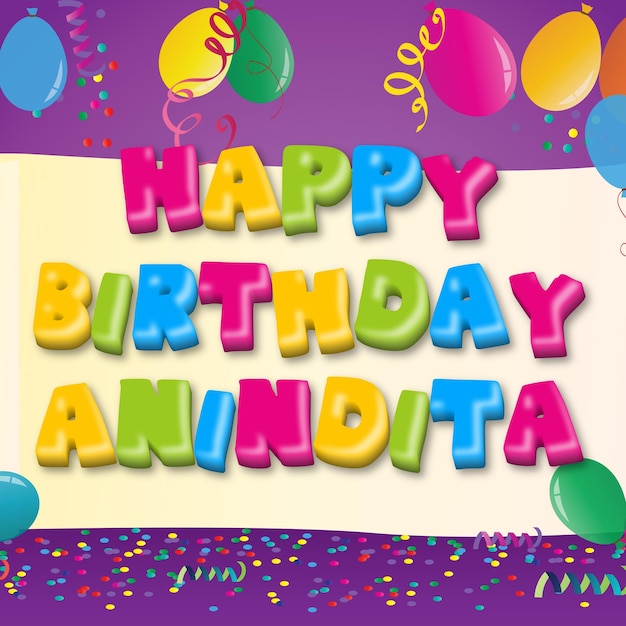 Gelukkige verjaardag Anindita gouden confetti schattig ballon kaart foto teksteffect