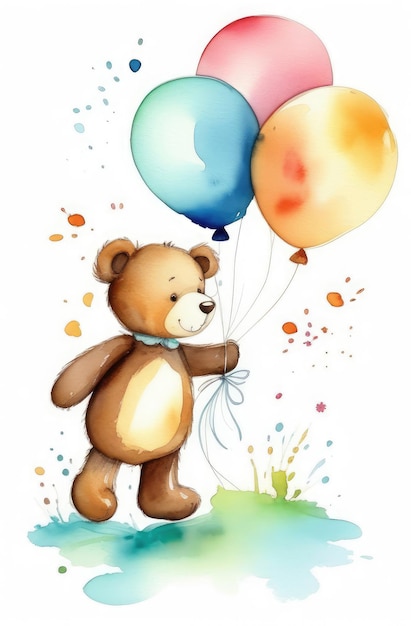 gelukkige verjaardag aquarel wenskaart schattige teddybeer speelgoed met kleurrijke ballonnen