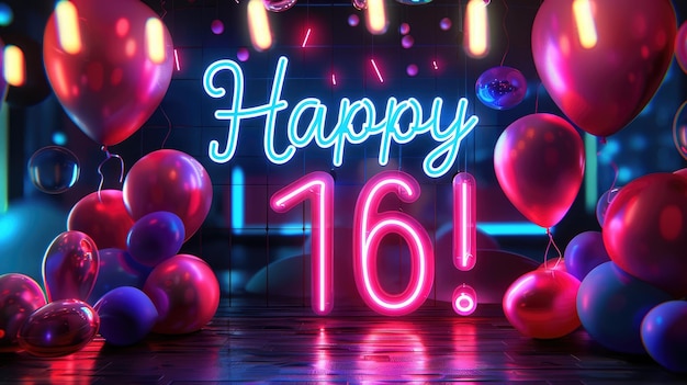 Foto gelukkige verjaardag gelukkige 16 vrolijke tekst vieren de vreugdevolle gelegenheid van het draaien van zestien een mijlpaal gevuld met geluk en opwinding