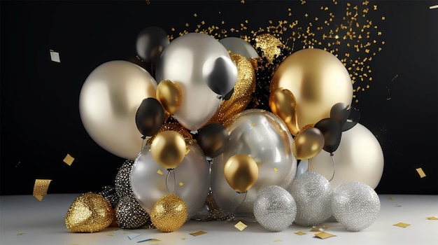 Gelukkige verjaardag gouden en zilveren ballonnen met confetti