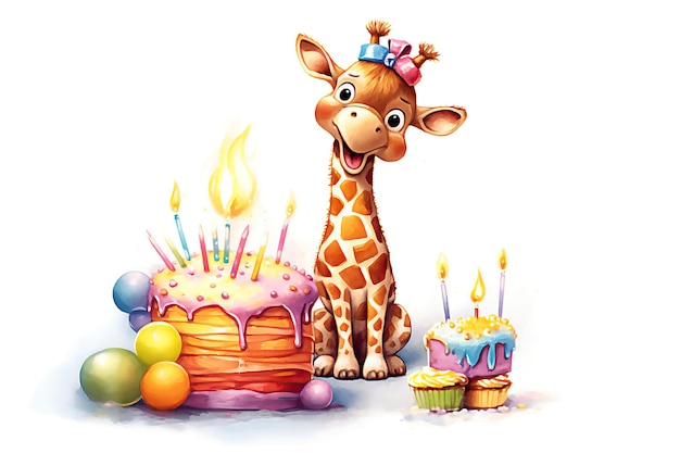 Foto gelukkige verjaardag happy cute cartoon giraffe illustratie post-processed ai gegenereerde afbeelding