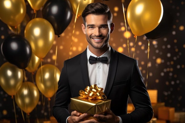 Gelukkige verjaardag man die met een geschenkkist zwarte en gouden ballonnen op de achtergrond AI gegenereerd