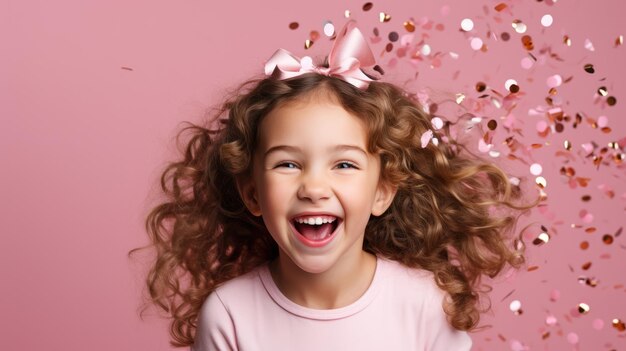 Gelukkige verjaardag van kind meisje met confetti op roze achtergrond