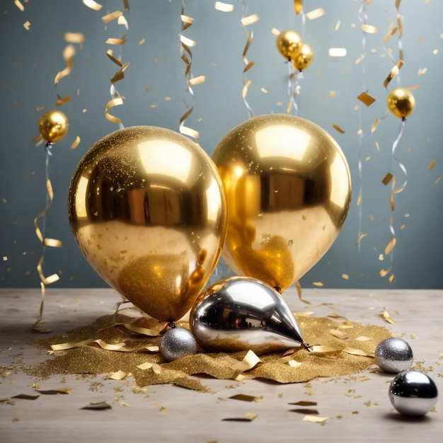 Gelukkige verjaardagsfeestje achtergrond met gouden linten confetti en ballonnen